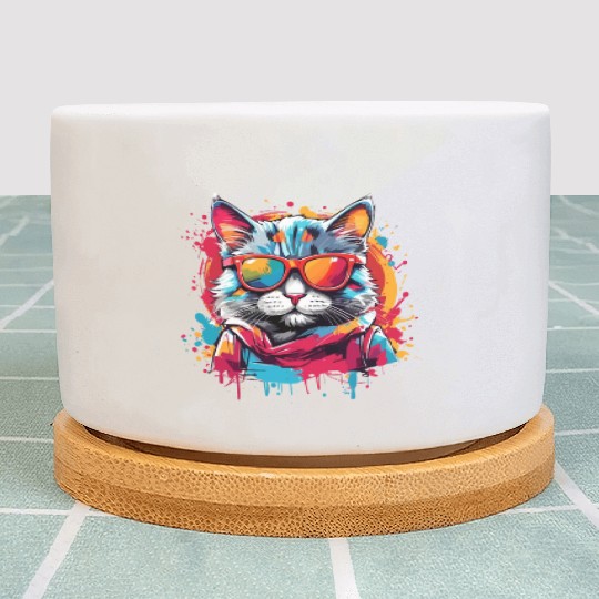 Funny Design Color Cat Wearing Sunglasses Meow Plant Pots