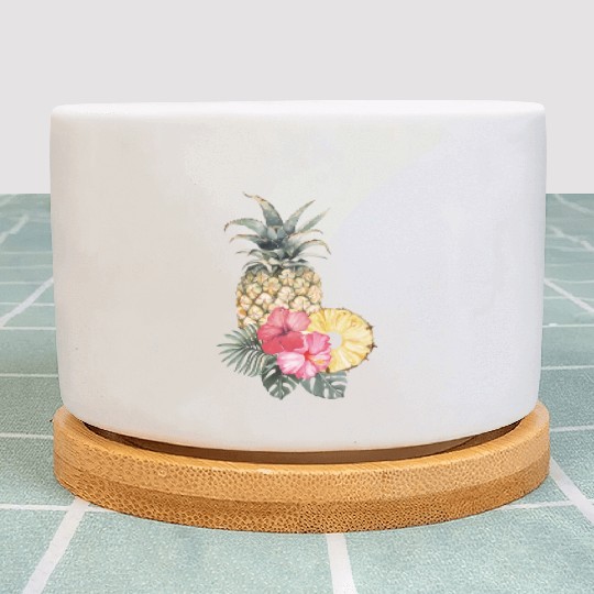 Pineapple With Pink Hibiscus And Tropical Leaves Plant Pots