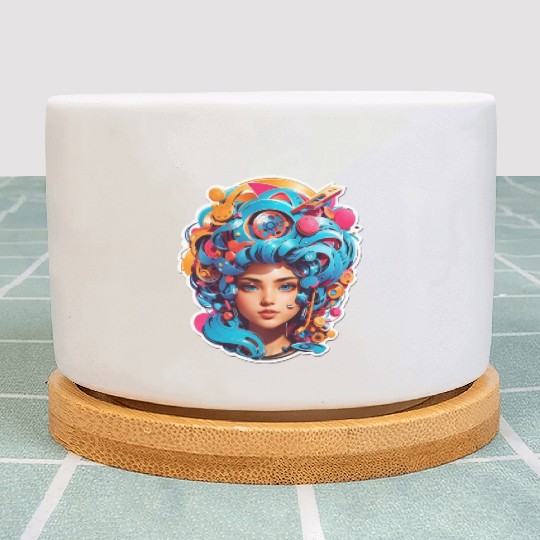 Psychedelic girl with multi color hair. futuristic Plant Pots