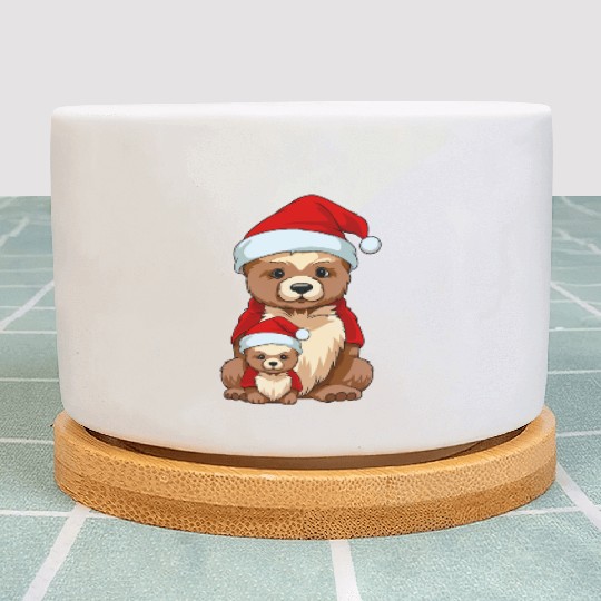 Adorable Festive Mama Bear and Cub: Christmas Hat Plant Pots