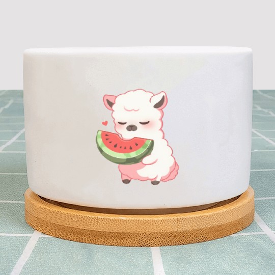 Adorable Kawaii Llama Savoring Sweet Watermelon Plant Pots
