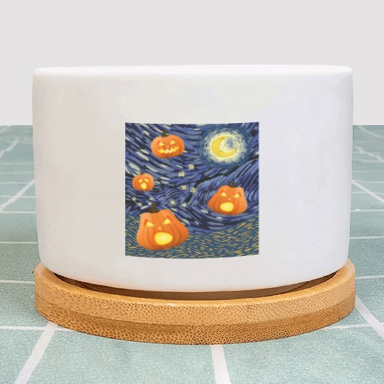 Starry Night with Pumpkins Funny Halloween Art Plant Pots