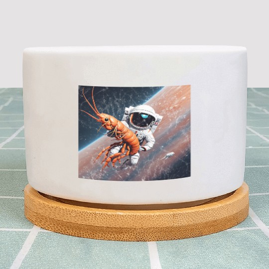 Astronaut in space with shrimp Plant Pots