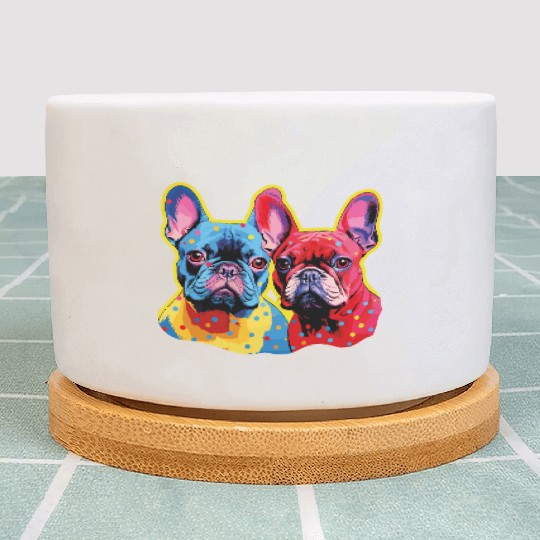 Duo of Multicolored French Bulldogs Plant Pots