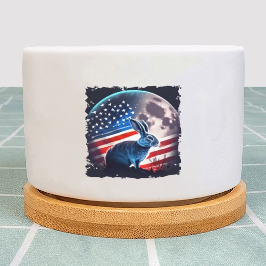 America rabbit under Moon with American Flag Plant Pots