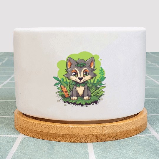 Digital Art Wolf Puppy Wearing Blue Wig Sitting Plant Pots