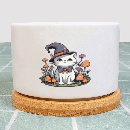 Whimsical Witch Cat with Mushrooms Plant Pots