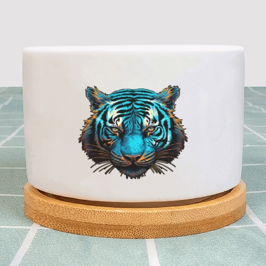 Tiger in blue and orange with woodcut inspired gra Plant Pots