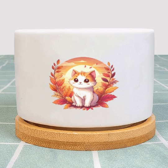 Autumn Cat on Colorful Foliage: A relaxing and Plant Pots