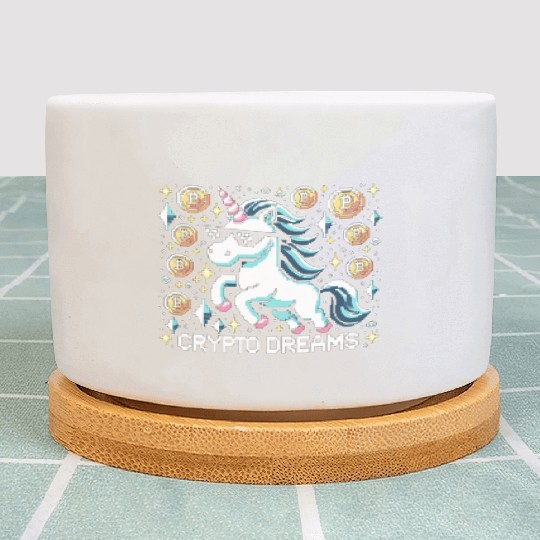 Crypto Dreams - 8-bit Unicorn Amidst Digital Coins Plant Pots