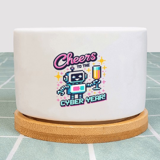 Retro Robot New Year's Toast - Cyber Champagne Fun Plant Pots