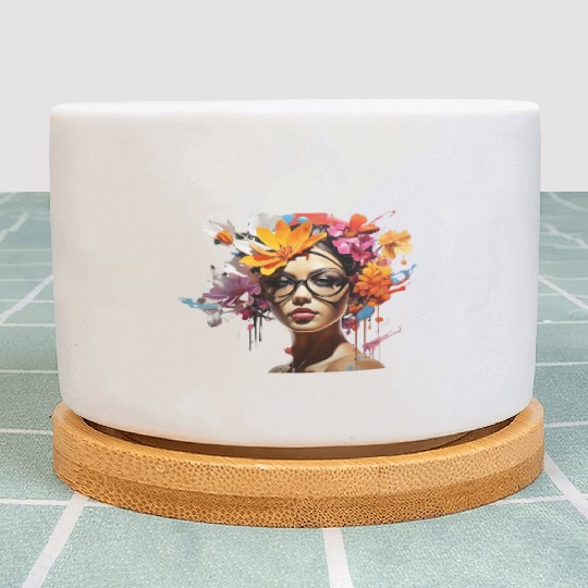 Beautiful girl flower on head. Plant Pots