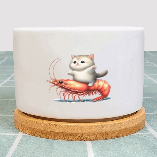 Cat rides on shrimp Plant Pots