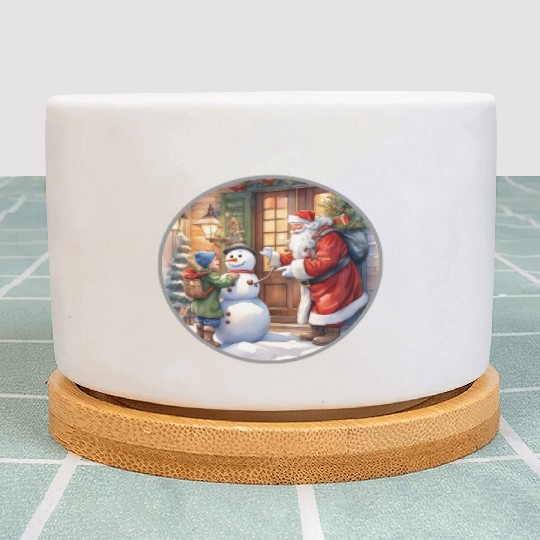 Santa Claus and a snowman distributes gifts. Plant Pots