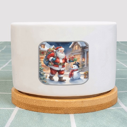 Santa Claus and a snowman distributes gifts. Plant Pots