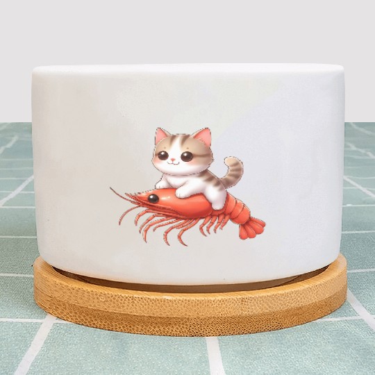 Cat rides on shrimp Plant Pots