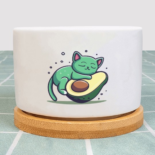 Green Cat Sleeping On An Avocado Plant Pots