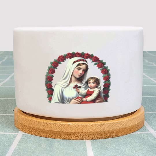 Mother Mary and Baby Jesus with Red Roses Plant Pots