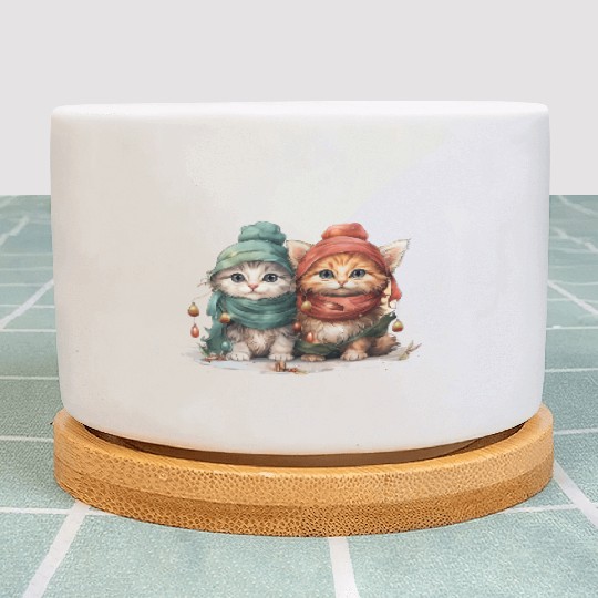 Sweet and playful Christmas kittens wearing hats Plant Pots