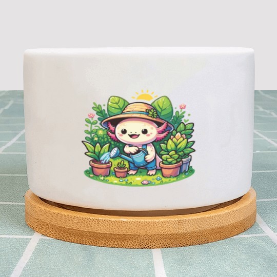 Axolotl As A Hobby Gardener With Plants And Plant Pots