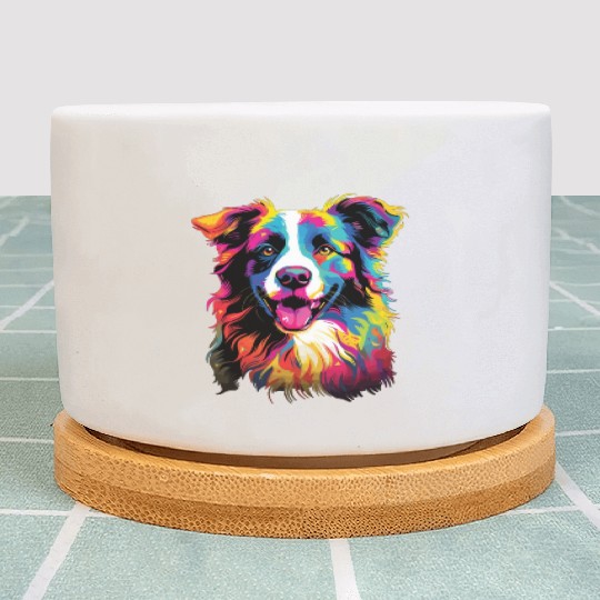 Watercolor Colorful Border Collie Plant Pots