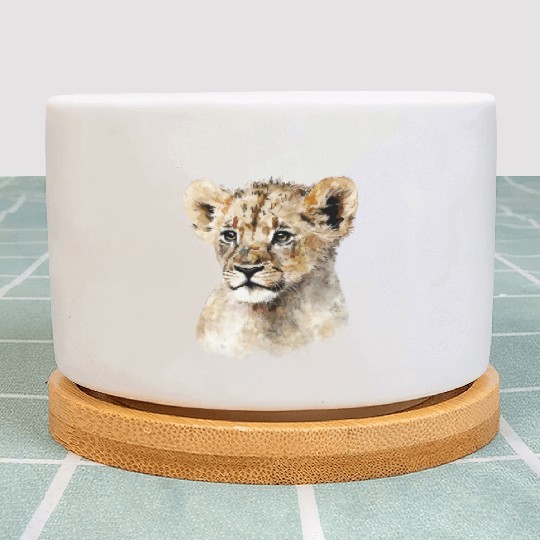 Baby Lion Cub Cute Watercolor Painting Portrait Plant Pots