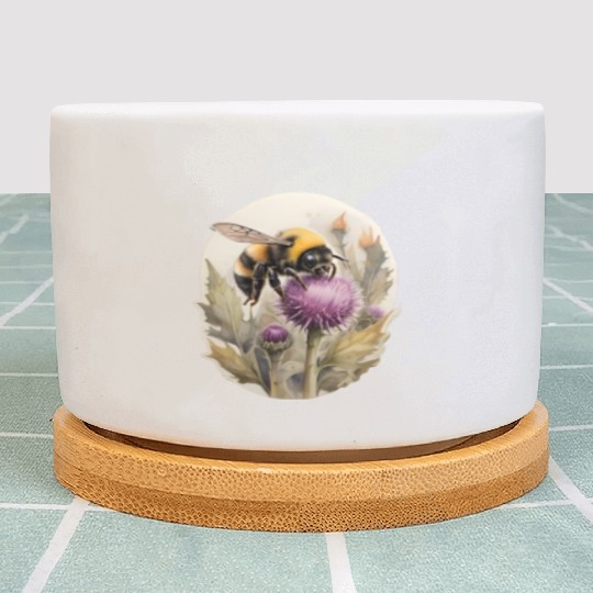 Bumblebee on thistle watercolor Plant Pots