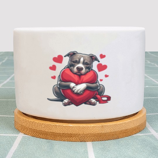 Cute Pitbull Holding a Heart Cartoon Plant Pots