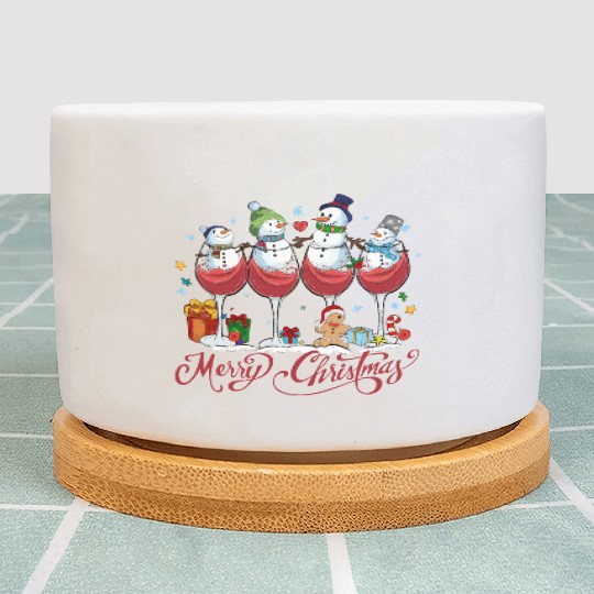 Red Wine Glasses with Snow Men Funny Christmas Plant Pots