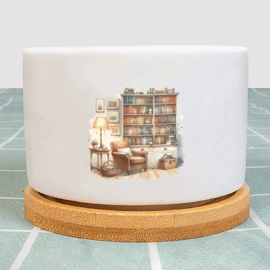 Cozy home library in watercolor Plant Pots