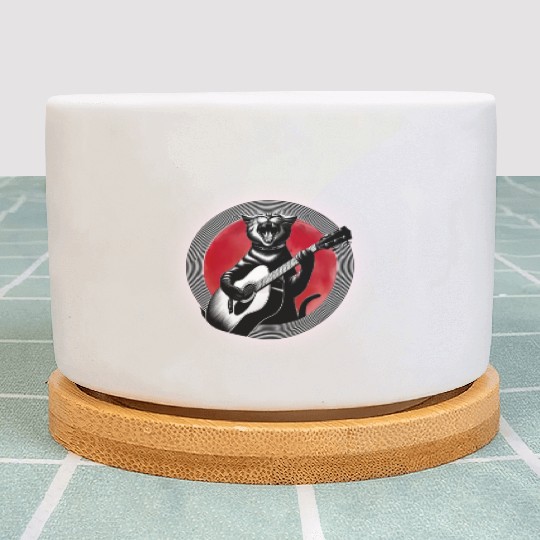 Rock Cat Playing Guitar Plant Pots under the red moon