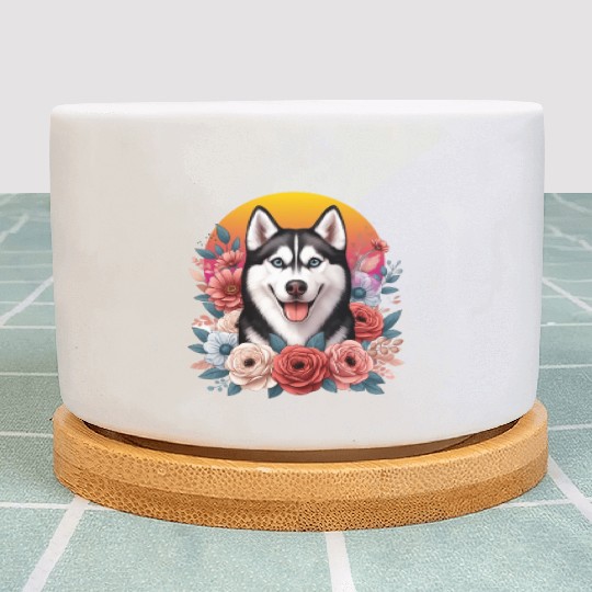 Husky dog with floral backdrop Plant Pots