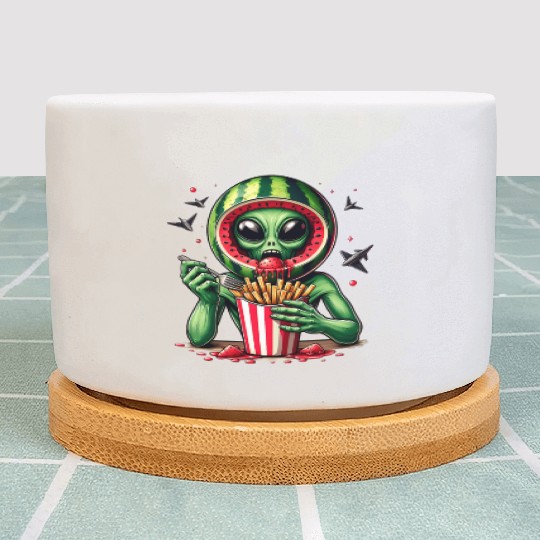Alien with watermelon helmet eats fries Plant Pots