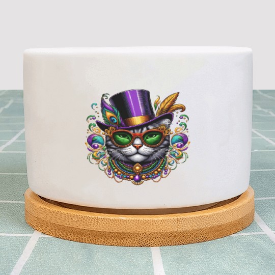 Mardi Gras cat with hat and glasses Plant Pots
