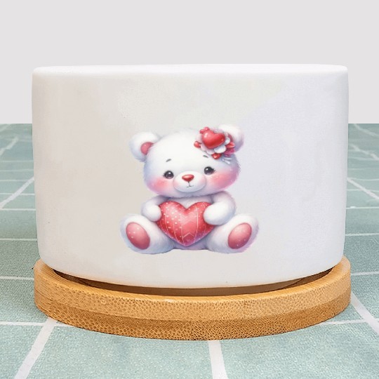 White Teddy Bear Love Valentine's Day Red Heart Plant Pots