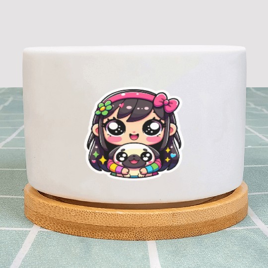 Puppy Hugs - Charming Girl Embracing Cute Pug Plant Pots