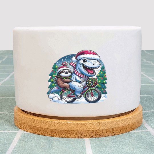 Winter Wonderland T-Rex and Sloth Cycling Duo Plant Pots