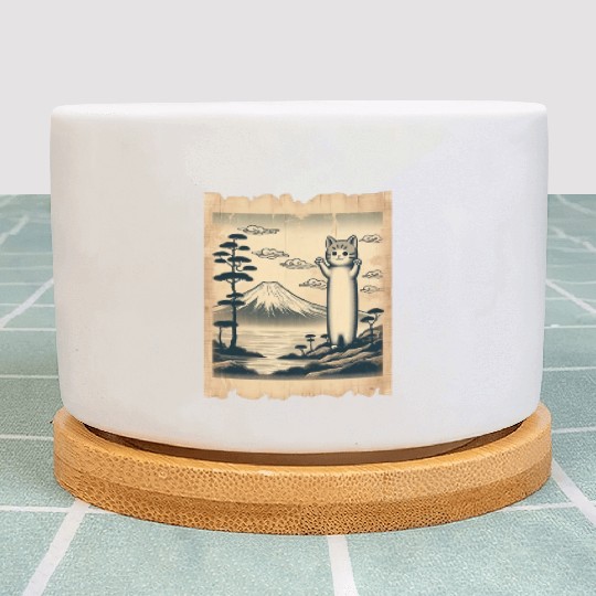 Mt. Fuji Kitten Papyrus Scroll Retro Japanese Art Plant Pots