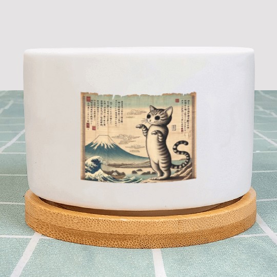 Mt. Fuji Kitten Papyrus Scroll Retro Japanese Art Plant Pots
