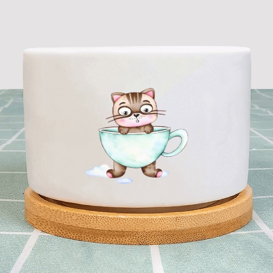 Surprised Silly Cat Wearing Coffee Cup Plant Pots