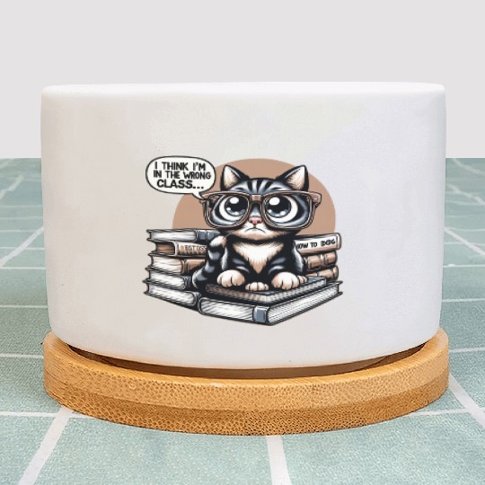 Funny Cat in Oversized Glasses Reading Humor Plant Pots