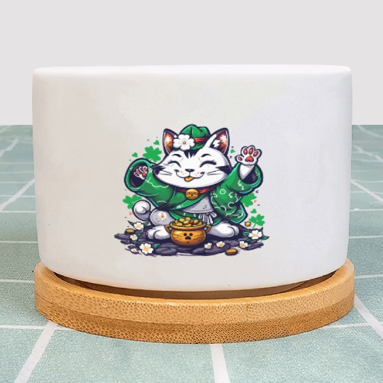 Kawaii St Patricks Day Cat With a Pot Of Gold Plant Pots
