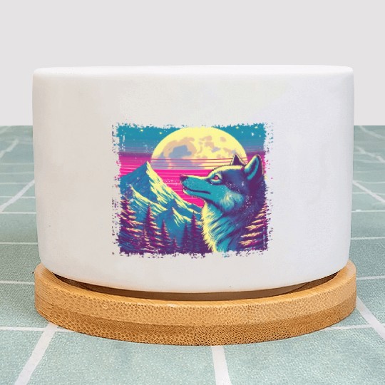 Retro Wolf Gazing at the Moon Plant Pots
