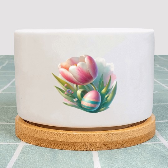 Spring Colorful Tulip With Easter Egg Plant Pots