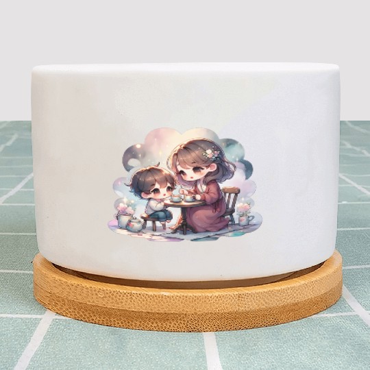 Mother and Son Enjoying a Cozy Tea Party Plant Pots