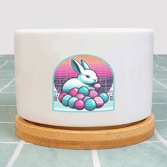 Synthwave Easter Bunny with Eggs Plant Pots
