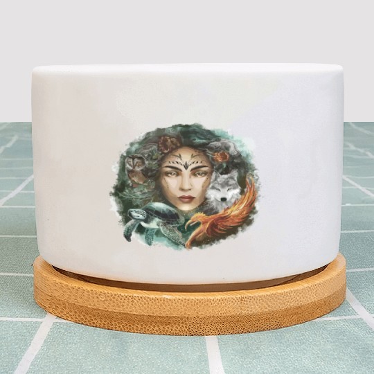 Wildlife Tribal Wolf Owl Turtle Woman for a Plant Pots