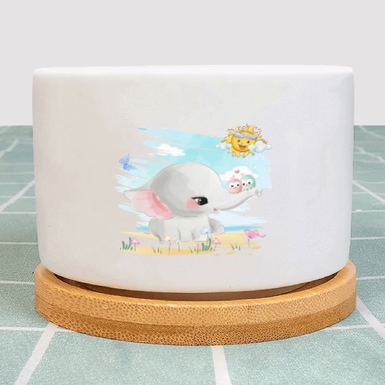 Elephant Walking At Beach With 2 Birds Friends Plant Pots