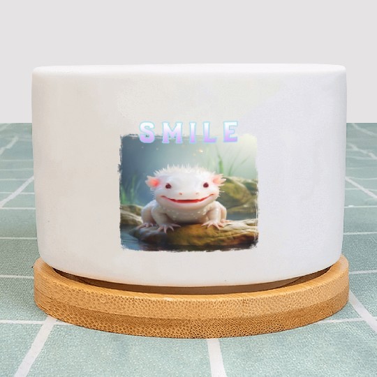 Whimsical Axolotl with Smile and Pastel Text Plant Pots