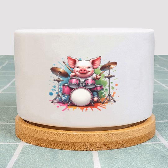 Watercolor Pig Drummer Farm Design Plant Pots